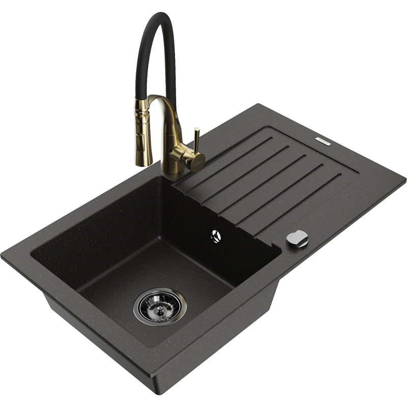 Mexen Pablo granite kitchen sink 1-bowl with drainer and Aster kitchen tap, black/gold metallic - 6510-75-73450-57-B