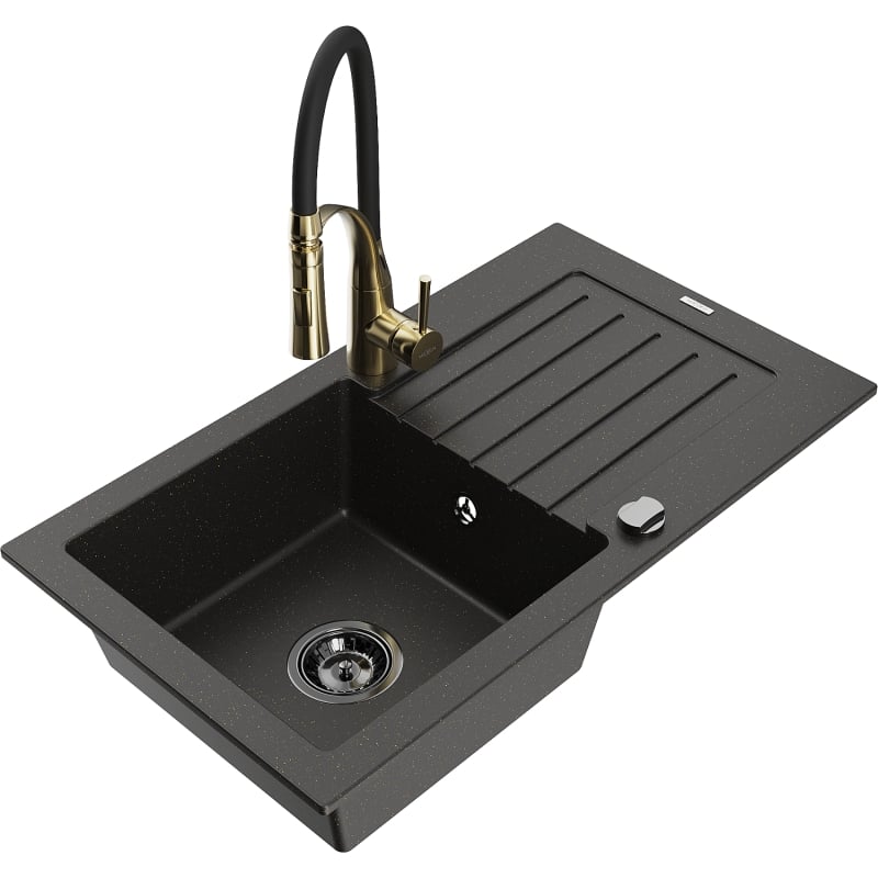 Mexen Pablo granite single-bowl sink with drainer and Aster kitchen faucet, black/gold metallic - 6510-75-73450-57-B