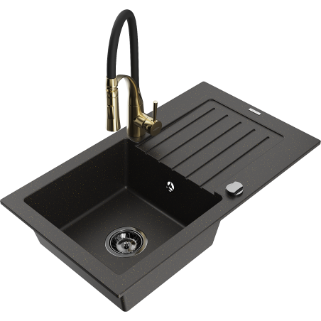 Mexen Pablo granite single-bowl sink with drainer and Aster kitchen faucet, black/gold metallic - 6510-75-73450-57-B