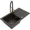 Mexen Pablo granite single-bowl sink with drainer and Aster kitchen faucet, black/gold metallic - 6510-75-73450-57-B