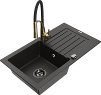 Mexen Pablo granite single-bowl sink with drainer and Aster kitchen faucet, black/gold metallic - 6510-75-73450-57-B