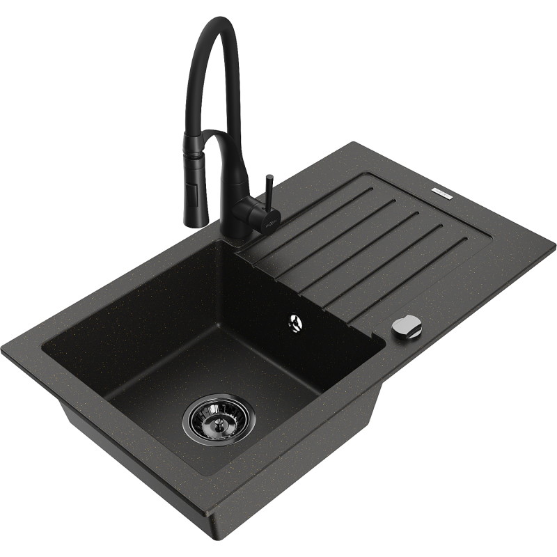 Mexen Pablo granit sink 1-bowl with drainer and Aster kitchen faucet, black/golden metallic - 6510-75-73450-70-B