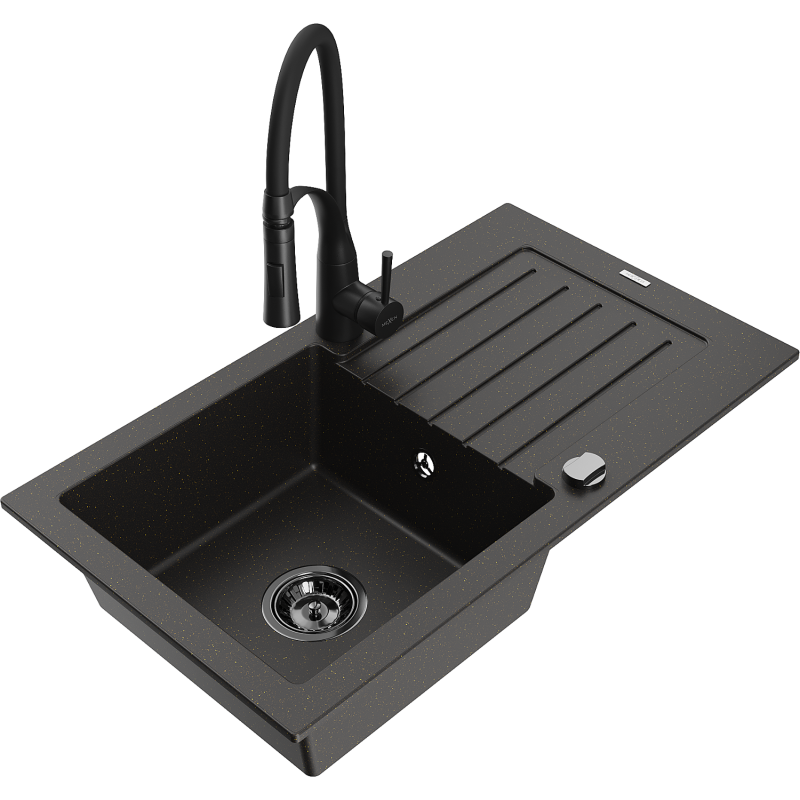 Mexen Pablo granite sink 1-bowl with drainer and Aster kitchen tap, black/gold metallic - 6510-75-73450-70-B