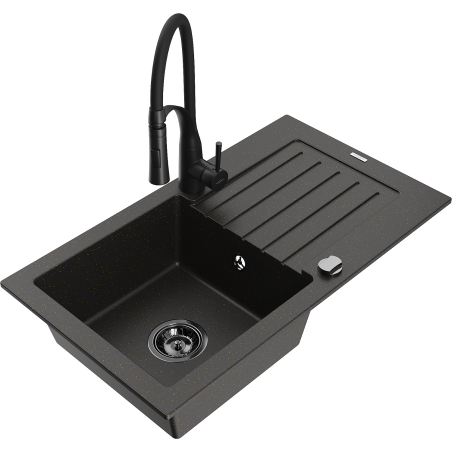 Mexen Pablo granite sink 1-bowl with drainer and Aster kitchen tap, black/gold metallic - 6510-75-73450-70-B