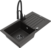 Mexen Pablo granite sink 1-bowl with drainer and Aster kitchen tap, black/gold metallic - 6510-75-73450-70-B