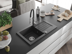 Mexen Pablo 1-compartment Granite Sink with Drainer and Aster Kitchen Faucet, Black Speckled - 6510-76-73450-07