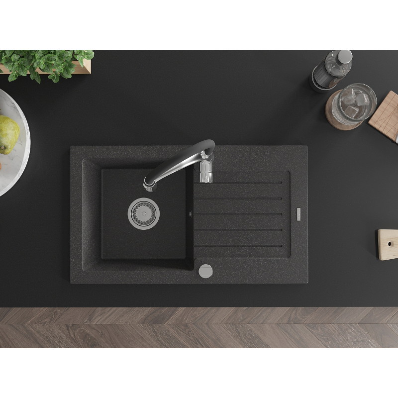 Mexen Pablo 1-compartment Granite Sink with Drainer and Aster Kitchen Faucet, Black Speckled - 6510-76-73450-07
