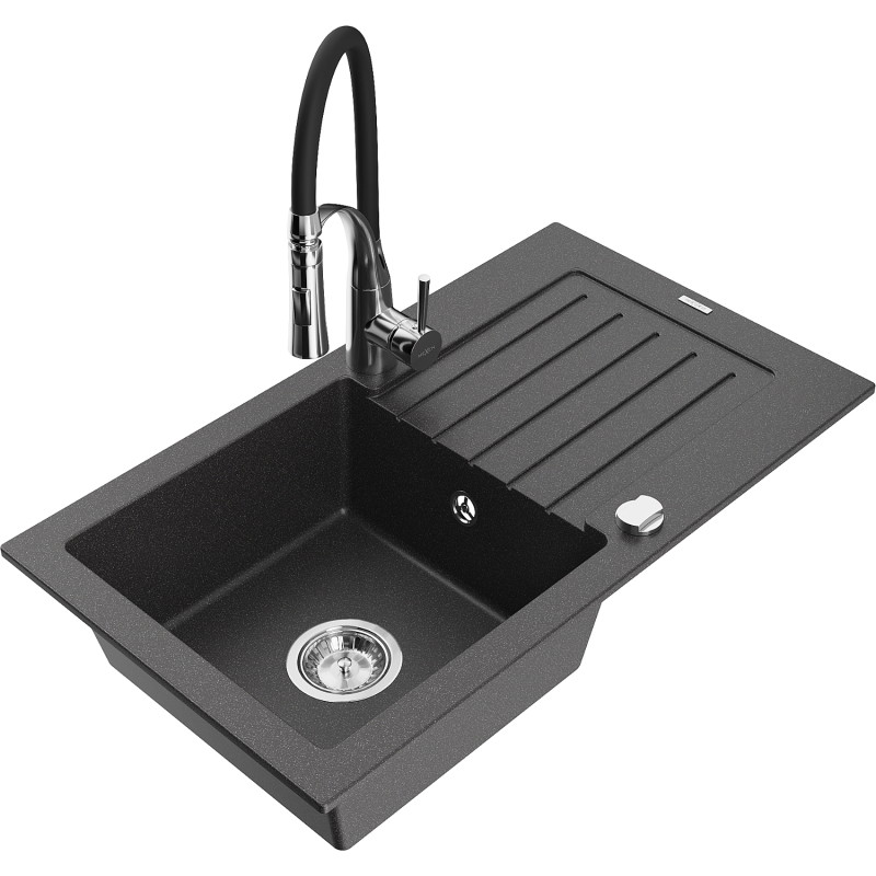 Mexen Pablo 1-bowl Granite Sink with Drainer and Aster Kitchen Faucet, Speckled Black - 6510-76-73450-07