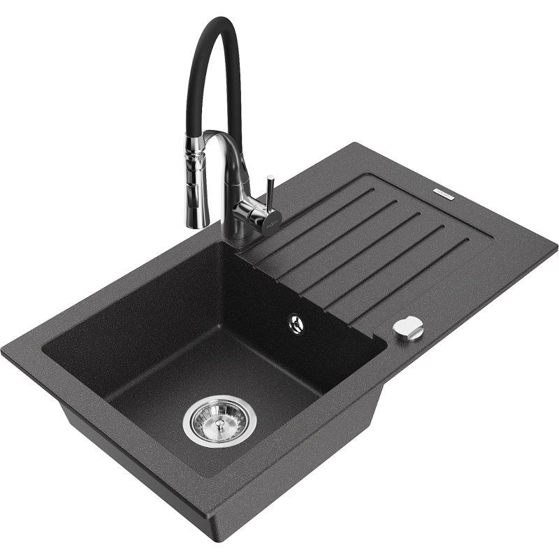 Mexen Pablo 1-compartment granite sink with a drip tray and kitchen mixer tap Aster, spotted black - 6510-76-73450-07