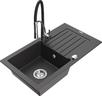 Mexen Pablo 1-compartment Granite Sink with Drainer and Aster Kitchen Faucet, Black Speckled - 6510-76-73450-07