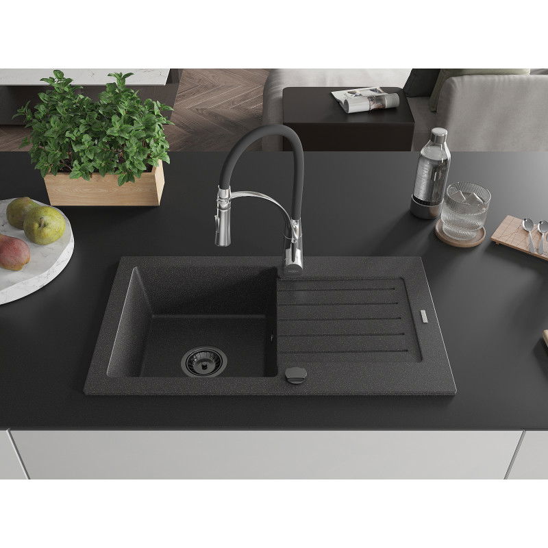 Mexen Pablo single-bowl granite sink with drainer and Aster kitchen tap, black speckled - 6510-76-73450-07-B