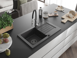 Mexen Pablo single-bowl granite sink with drainer and Aster kitchen tap, black speckled - 6510-76-73450-07-B