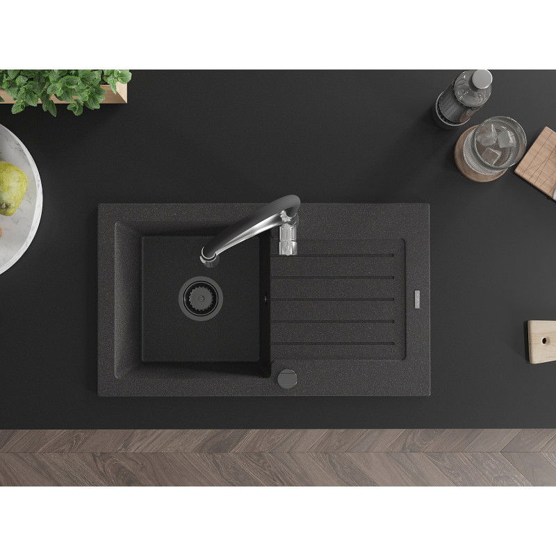 Mexen Pablo single-bowl granite sink with drainer and Aster kitchen tap, black speckled - 6510-76-73450-07-B