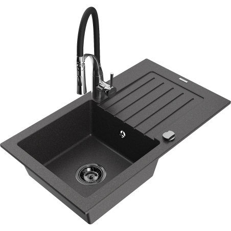 Mexen Pablo single-bowl granite sink with drainer and Aster kitchen tap, black speckled - 6510-76-73450-07-B