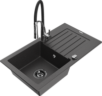 Mexen Pablo 1-bowl granite kitchen sink with drainer and Aster kitchen faucet, black speckled - 6510-76-73450-07-B