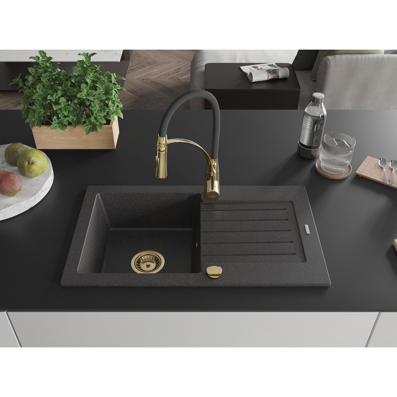 Mexen Pablo granite kitchen sink 1-bowl with drainer and kitchen faucet Aster, black speckled - 6510-76-73450-57-G