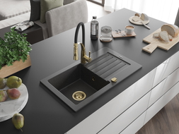 Mexen Pablo granite kitchen sink 1-bowl with drainer and kitchen faucet Aster, black speckled - 6510-76-73450-57-G