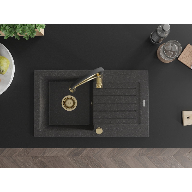 Mexen Pablo 1-bowl granite sink with drainer and Aster kitchen faucet, speckled black - 6510-76-73450-57-G