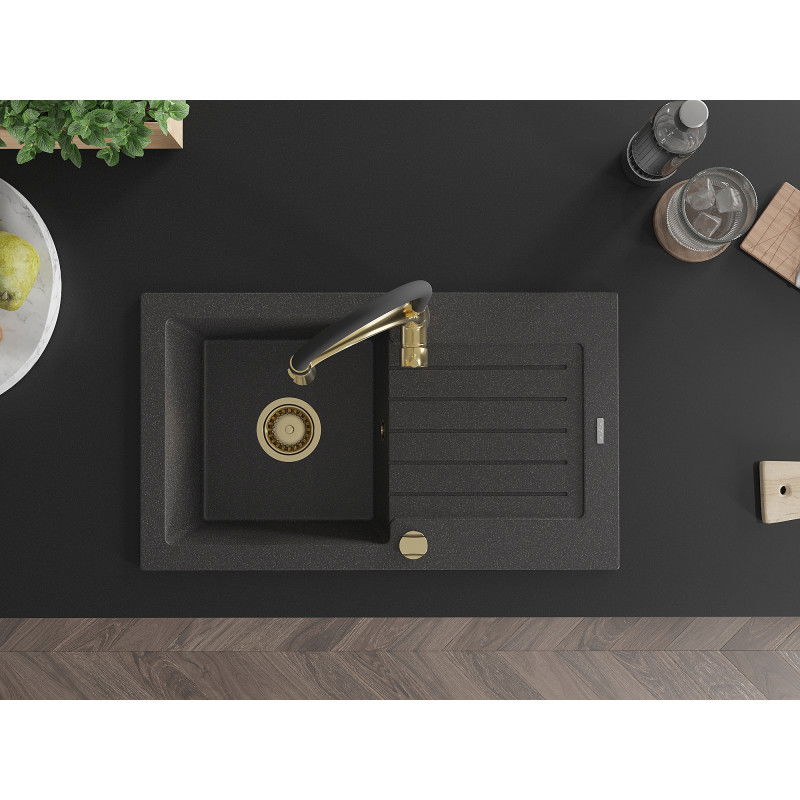Mexen Pablo 1-Bowl Granite Sink with Drainer and Aster Kitchen Tap, Speckled Black - 6510-76-73450-57-G