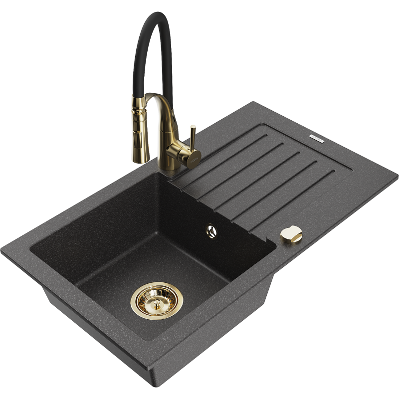 Mexen Pablo 1-compartment granite sink with a drip tray and kitchen mixer tap Aster, spotted black - 6510-76-73450-57-G
