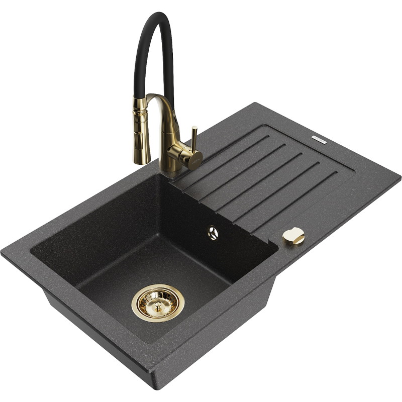 Mexen Pablo granite kitchen sink 1-bowl with drainer and kitchen faucet Aster, black speckled - 6510-76-73450-57-G