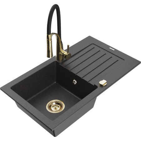 Mexen Pablo 1-bowl granite sink with drainer and Aster kitchen faucet, speckled black - 6510-76-73450-57-G