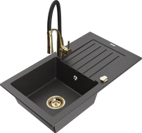 Mexen Pablo granite kitchen sink 1-bowl with drainer and kitchen faucet Aster, black speckled - 6510-76-73450-57-G