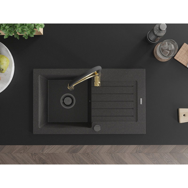 Mexen Pablo 1-bowl granite sink with drainer and Aster kitchen tap, speckled black - 6510-76-73450-57-B