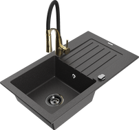 Mexen Pablo granite sink 1-bowl with drainer and Aster kitchen faucet, speckled black - 6510-76-73450-57-B