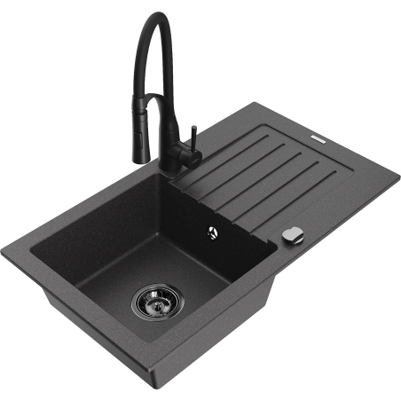 Mexen Pablo granite kitchen sink 1-bowl with drainer and Aster kitchen faucet, black speckled - 6510-76-73450-70-B