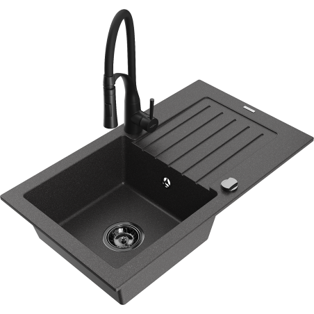Mexen Pablo single-bowl granite kitchen sink with drainer and Aster kitchen faucet, speckled black - 6510-76-73450-70-B