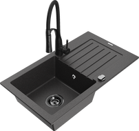 Mexen Pablo granite sink 1-bowl with drainer and Aster kitchen tap, black speckled - 6510-76-73450-70-B