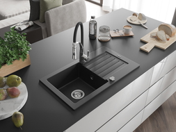 Mexen Pablo 1-bowl granite sink with drainer and Aster kitchen faucet, black - 6510-77-73450-07