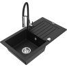 Mexen Pablo 1-bowl granite sink with drainer and Aster kitchen faucet, black - 6510-77-73450-07