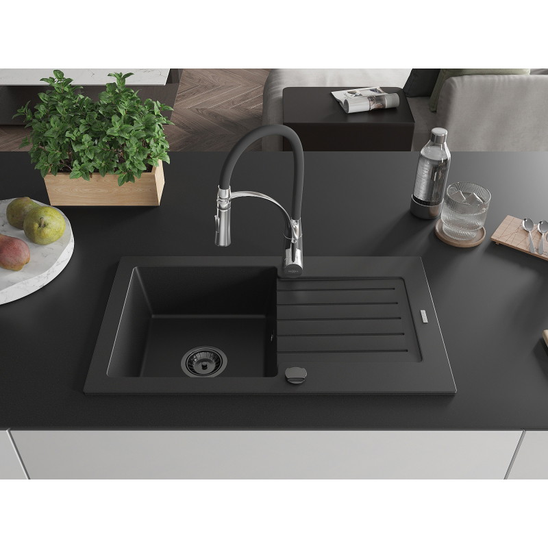 Mexen Pablo granite kitchen sink with 1 bowl, drainer, and Aster kitchen faucet, black - 6510-77-73450-07-B