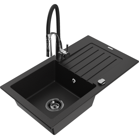 Mexen Pablo 1-compartment granite sink with a drip tray and kitchen mixer tap Aster, Black - 6510-77-73450-07-B