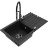 Mexen Pablo 1-bowl granite sink with drainer and Aster kitchen faucet, black - 6510-77-73450-07-B