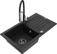 Mexen Pablo 1-bowl granite sink with drainer and Aster kitchen faucet, black - 6510-77-73450-07-B