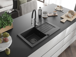 Mexen Pablo 1-bowl granite sink with drainer and Aster kitchen faucet, black - 6510-77-73450-07-B