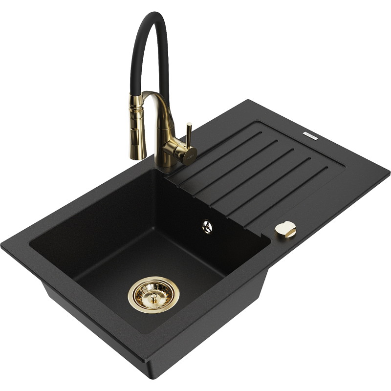 Mexen Pablo 1-bowl granite sink with drainer and Aster kitchen faucet, black - 6510-77-73450-57-G