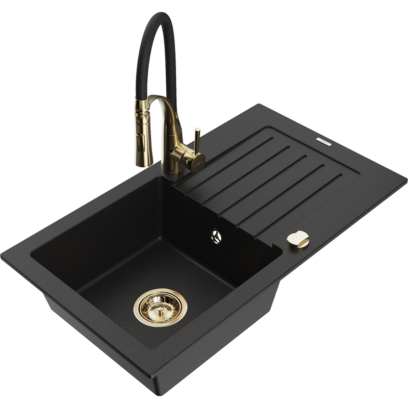 Mexen Pablo granite sink 1-bowl with drainer and Aster kitchen tap, black - 6510-77-73450-57-G