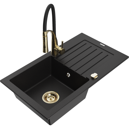 Mexen Pablo granite sink 1-bowl with drainer and Aster kitchen tap, black - 6510-77-73450-57-G