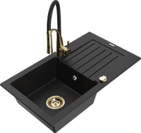 Mexen Pablo granite sink 1-bowl with drainer and Aster kitchen faucet, black - 6510-77-73450-57-G
