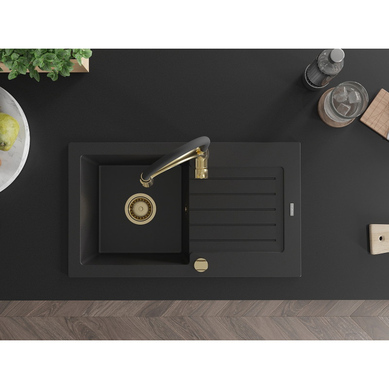 Mexen Pablo 1-bowl granite sink with drainer and Aster kitchen faucet, black - 6510-77-73450-57-G