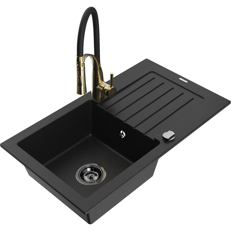 Mexen Pablo granite kitchen sink 1-bowl with drainer and Aster kitchen faucet, black - 6510-77-73450-57-B
