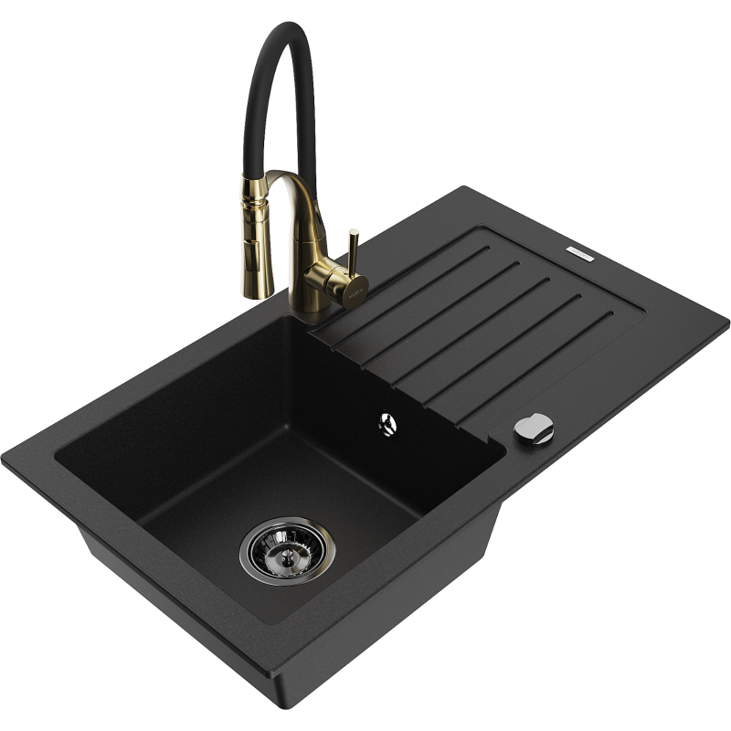 Mexen Pablo granite sink 1-bowl with drainer and Aster kitchen tap, black - 6510-77-73450-57-B