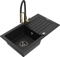 Mexen Pablo granite sink 1-bowl with drainer and Aster kitchen tap, black - 6510-77-73450-57-B