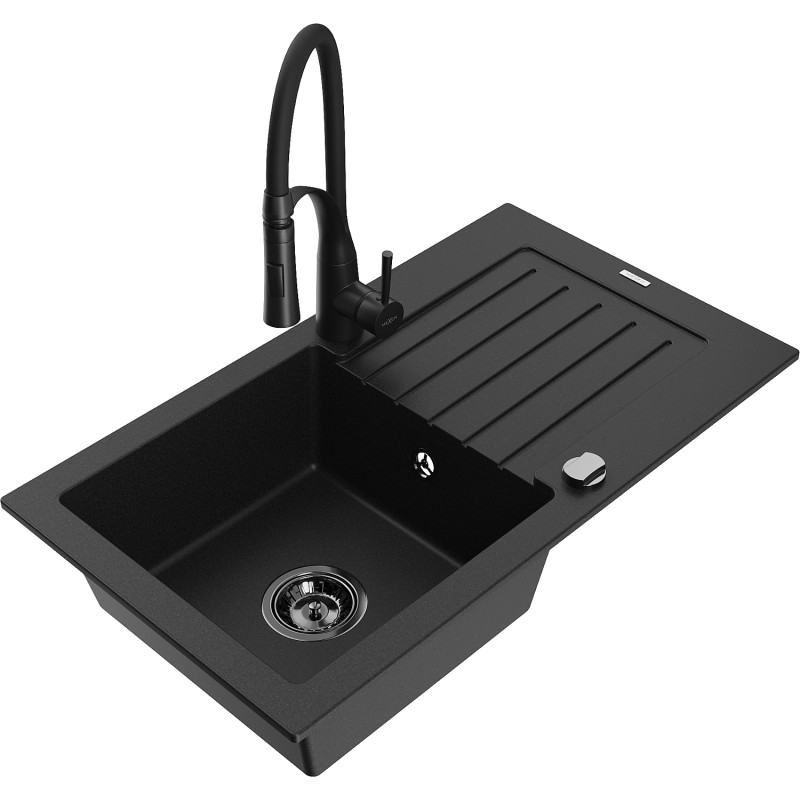 Mexen Pablo 1-bowl granite sink with drainer and kitchen faucet Aster, black - 6510-77-73450-70-B