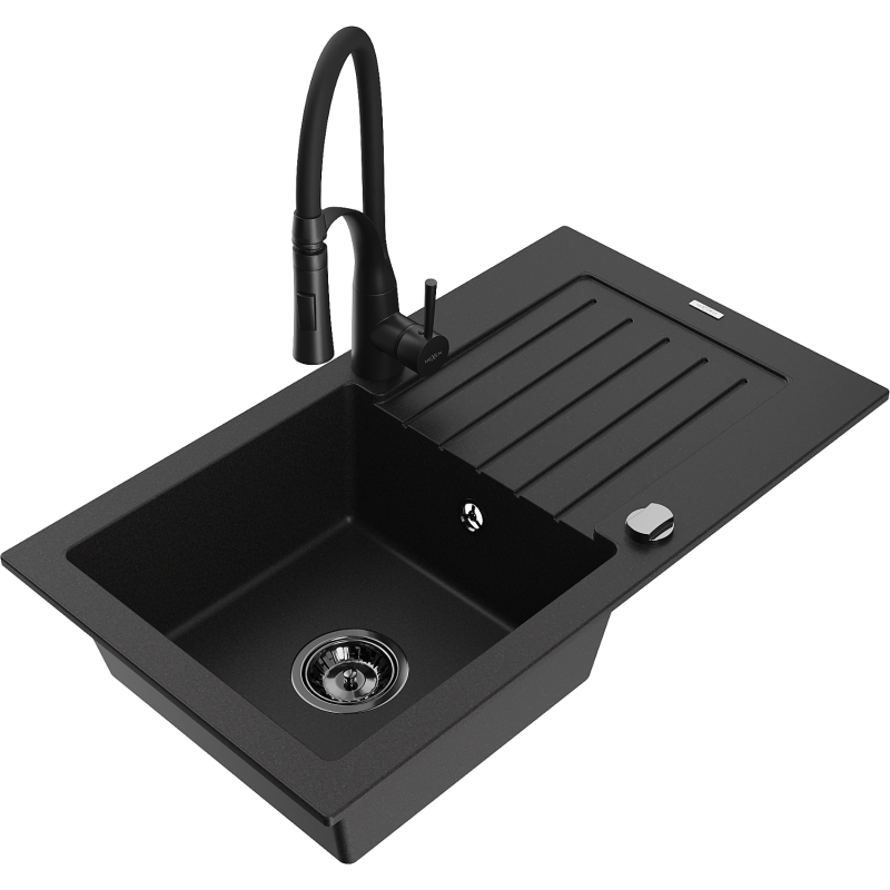 Mexen Pablo single-bowl granite sink with drainer and Aster kitchen tap, black - 6510-77-73450-70-B