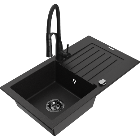 Mexen Pablo single-bowl granite sink with drainer and Aster kitchen tap, black - 6510-77-73450-70-B